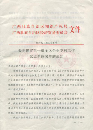 康興被廣西區(qū)經(jīng)貿(mào)委、廣西區(qū)知識產(chǎn)權(quán)局確定為＂廣西專利工作試點企業(yè)＂